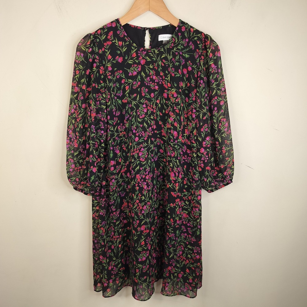 Calvin Klein Floral Shift Dress Womens 6 Chiffon Long Sheer Sleeve Cottagecore‎